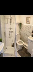 a bathroom with a shower and a toilet and a sink at Cosy Double Room in London Free Parking Private Bathroom Close to Transport in Belvedere