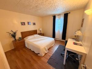 a bedroom with a bed and a desk and a desk at Fireweed Apartments in Fairbanks