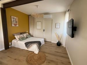 a bedroom with a bed and a television in it at Charmant studio proche du centre-ville in Orange