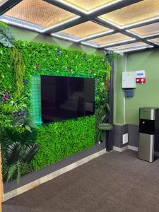 a living wall in a building with a tv at The Loft Hostel in Tashkent