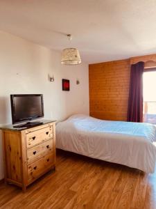 a bedroom with a bed and a television on a dresser at studio le Bouquetin 304 in Chamrousse