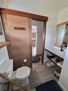 a bathroom with a toilet and a sink at Le Rainoa - Beach House in Taputapuapea +55 photos