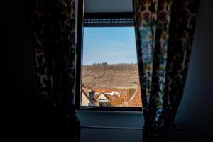 a window with a view of a house and trees at Aparthotel Deutschmeister in Bad Mergentheim