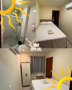 two pictures of a room with a bed and a shower at Pousada Novo Sol in Solânea