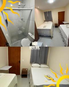 two pictures of a hotel room with two beds and a bathroom at Pousada Novo Sol in Solânea
