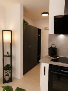 a kitchen with black cabinets and a counter top at Sindelfingen Apartments in Sindelfingen +31 photos
