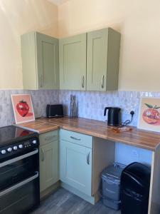 a kitchen with green cabinets and a counter top at Cute Central House Sleeps 4 in Stafford +15 photos