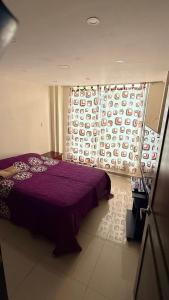 a bedroom with a purple bed and a curtain at Aparta studio Zona Centro in Darién