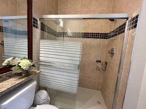 a bathroom with a glass shower with a toilet at Spacious 3 Bedroom Suite in Burnaby Free Parking, Full Kitchen, Near Transit in Burnaby +25 photos