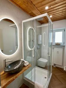 a bathroom with a glass shower and a sink at Moderne Apartments im Bayerischen Wald mit Bergblick, Balkon & großer Terrasse in Schöfweg +22 photos