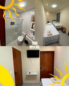 a room with a bed and a bathroom with a shower at Pousada Novo Sol in Solânea