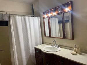 a bathroom with a sink and a shower curtain at Chalet de Irurtia in Carmelo