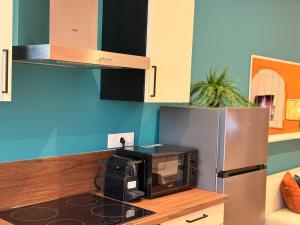 a kitchen with a microwave and a refrigerator at Cocon Terracotta - Netflix et Parking in Scheibenhard +20 photos