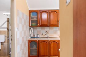 a kitchen with wooden cabinets and a sink at La casetta in Marzio