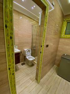 a bathroom with a toilet and a glass door at Nile residence in Al Kawāmil Qiblī +31 photos