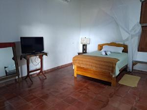 a bedroom with a bed and a flat screen tv at CASA LICHIs in Suchitoto