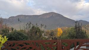 a view of a mountain from a wooden bench at Rivulet Nook in West Hobart