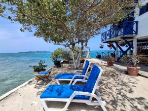 three chairs sitting on the beach next to the water at Hotel Isla Gaviota in Tintipan Island