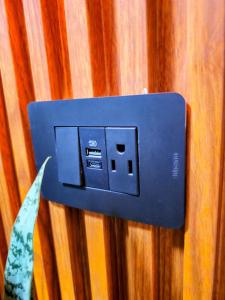 a blue electrical outlet on a wooden wall at Quincho's Place in Santa Ana