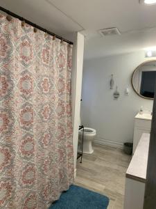a bathroom with a toilet and a shower curtain at The Pearl in Fort Walton Beach
