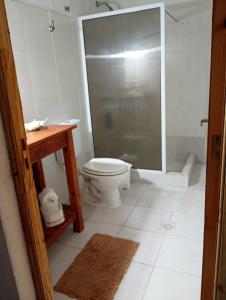 a bathroom with a toilet and a shower stall at Alojamiento Ceibo en Flor in Esquina