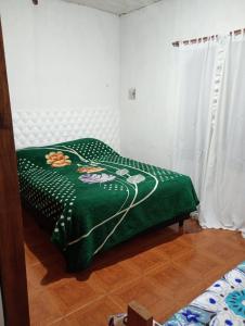a bedroom with a green comforter on a bed at Alojamiento Ceibo en Flor in Esquina