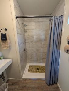 a bathroom with a shower with a shower curtain at Cozy Cabin in Squaw Valley