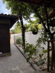 a garden with a white wall and some plants at Loft Itacoatiara in Niterói