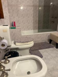 a bathroom with a toilet and a shower and a sink at Hostel amplio y confortable in Munro +8 photos