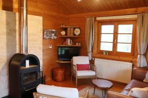 a living room with a stove and a couch and a tv at Ferienhaus Tauber 21 in Hayingen