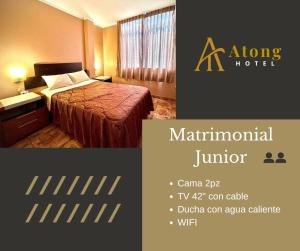a picture of a hotel room with a bed and a sign at Atong Hotel in Chancay