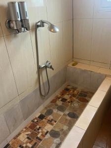 a bathroom with a shower with a tiled floor at Villa CALI Napa in Sambava +24 photos