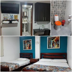 three pictures of a bedroom with two beds and a kitchen at Hotel Confortel in Armenia +13 photos