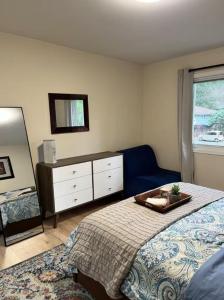 a bedroom with a bed and a dresser and a mirror at Bright and Spacious Upper Level House, Great Area in North Vancouver