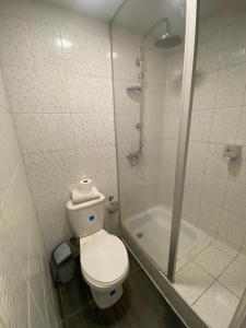 a white bathroom with a toilet and a shower at Origen Apart-Hotel in Santiago +45 photos