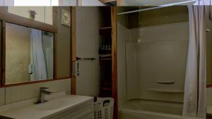 a bathroom with a sink and a mirror and a shower at Geraldton Rooms Unit D in Geraldton
