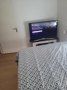 a bedroom with a bed and a flat screen tv at Repos chez l habitant in Rennes