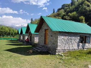 a house with a green roof and a dog in front of it at Ambika Campaign Huts in Manāli