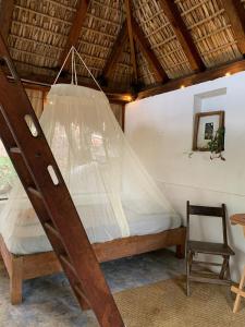 a bed in a room with a net at Las lemurias in Mazunte