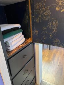 a bathroom with a dresser with towels on it at Pet friendly Newly renovated Two bedroom Property in Central Okc in Oklahoma City