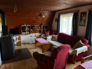 a living room with a couch and a table at Chata Buková in Brezina