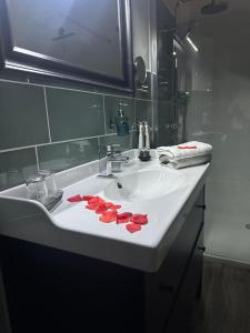 a bathroom sink with red rose petals on it at Sylina Spa avec Jacuzzi Privé in Villeblevin +10 photos