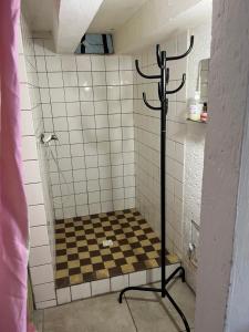 a shower with a checkered floor in a bathroom at Chata Buková in Brezina +18 photos