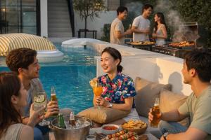 a group of people sitting around a table by a swimming pool at Oxygen Cloud Khaoyai Managed by OHS in Ban Bung Toei