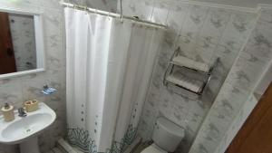 a bathroom with a shower curtain and a toilet and sink at Lodge Atacama Hostal in Copiapó +40 photos