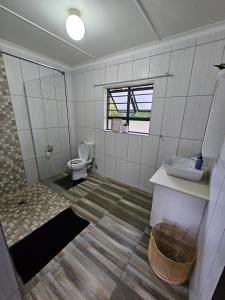 a bathroom with a toilet and a sink at Little Oasis in Hilton