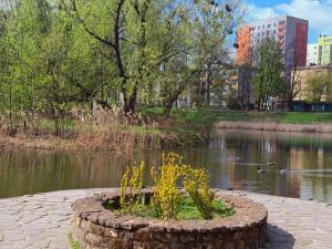 a planter in a park next to a body of water at Silesia Park Bytom 24H Park Miejski Centrum in Bytom