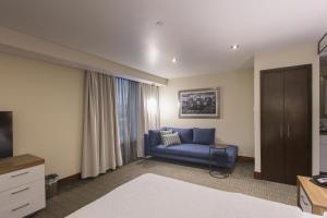 a living room with a blue couch and a window at Hampton Inn by Hilton Leon in León