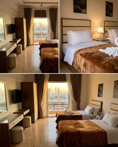 a hotel room with two beds and a window at Ismailia House Inn in Cairo