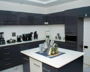 a kitchen with black cabinets and a white counter top at Isuki apartment in Benin City